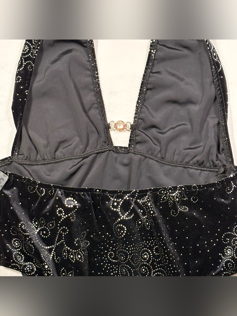 Black Rhinestone Velvet Halter Teddy - Picture 7 of 8